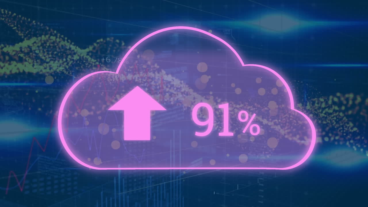 animación de la nube con un número creciente de puntos de luz y procesamiento de datos financieros