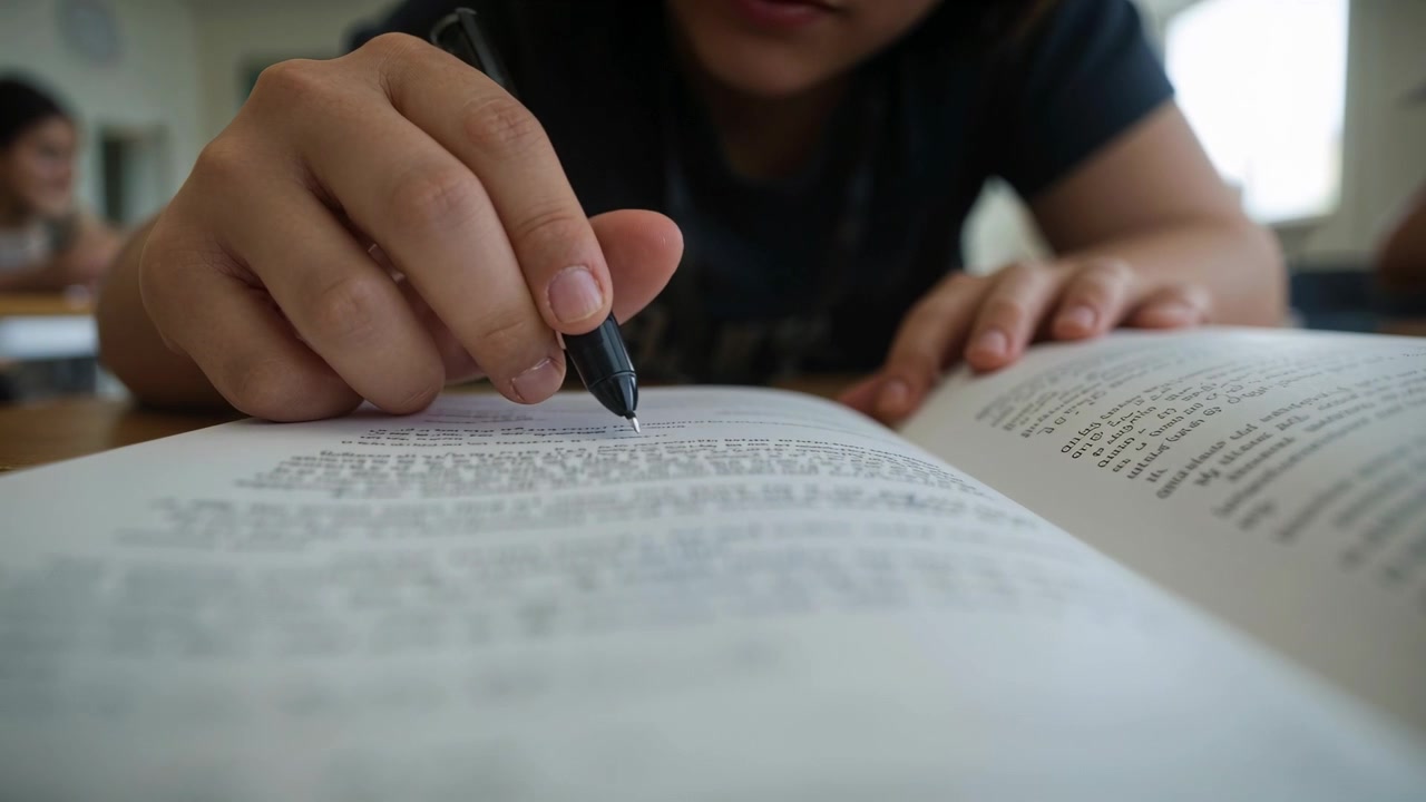 Studente in maglietta scura che abbassa la penna nera, chinato su un libro di testo in aula, traccia linee e studia.