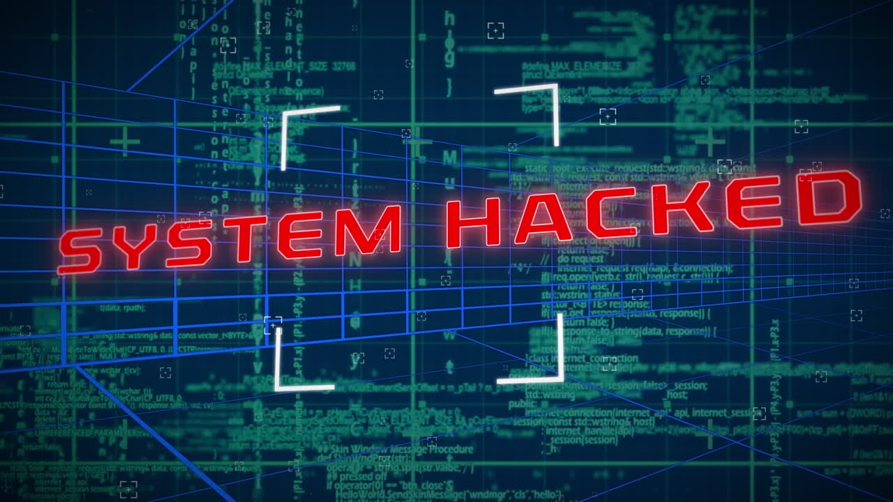 Animation of cyber attack warning text over data processing