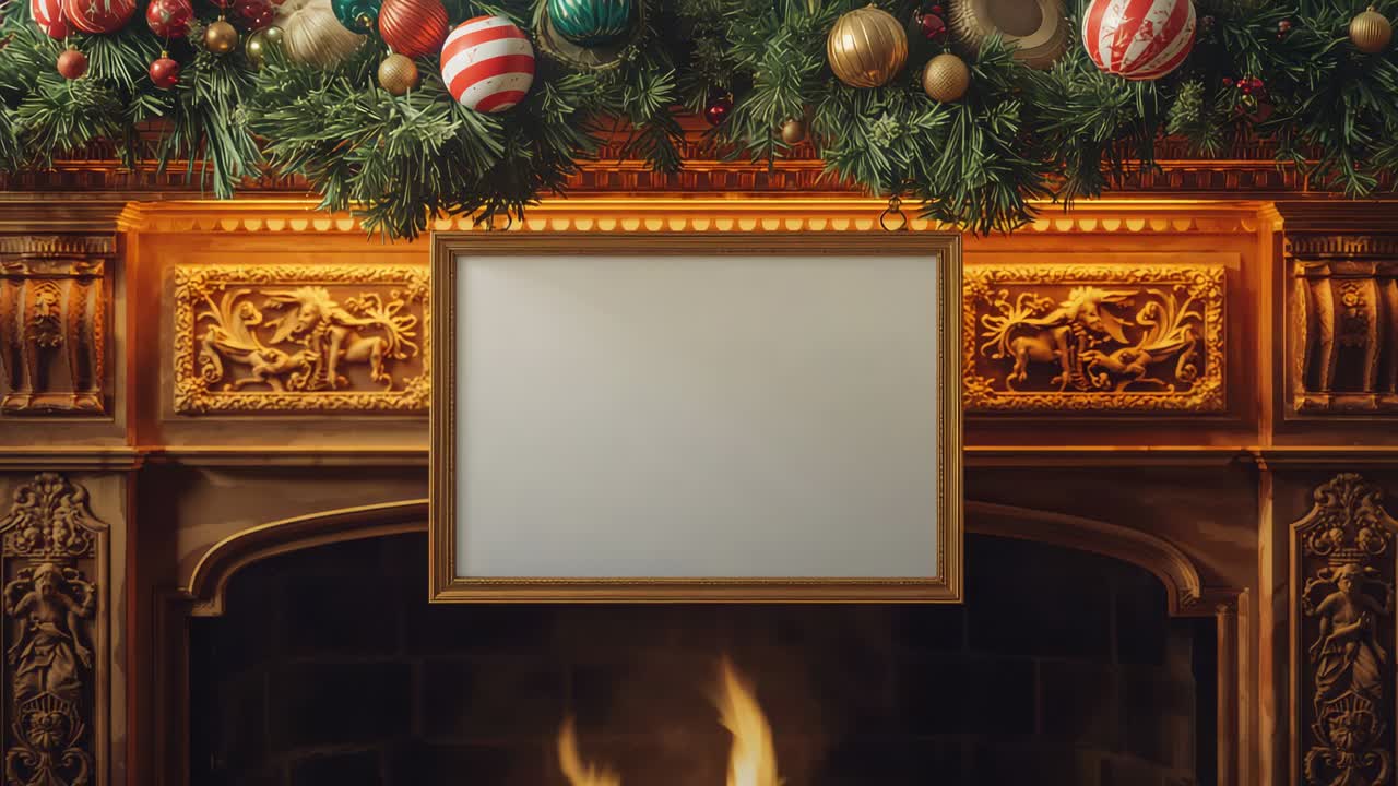 Mantel holding golden frame above flickering fire at home with evergreen garland and ornaments