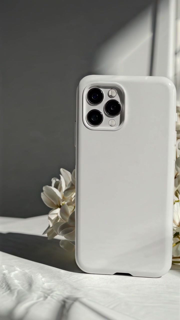 Custodia bianca per smartphone accanto a fiori bianchi
