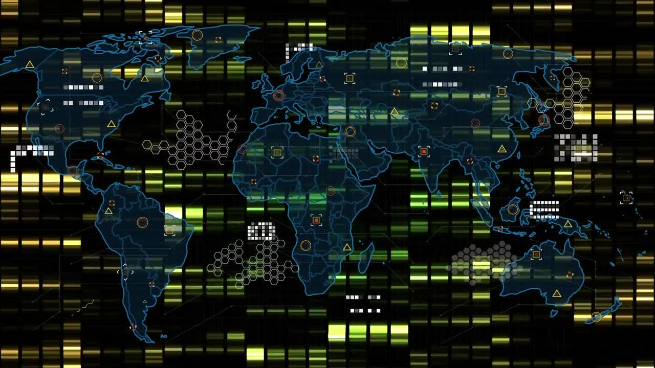 animación de mapas del mundo, gráficos financieros y datos en fondo negro
