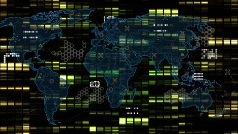 animation of world map, financial graphs and data on black background