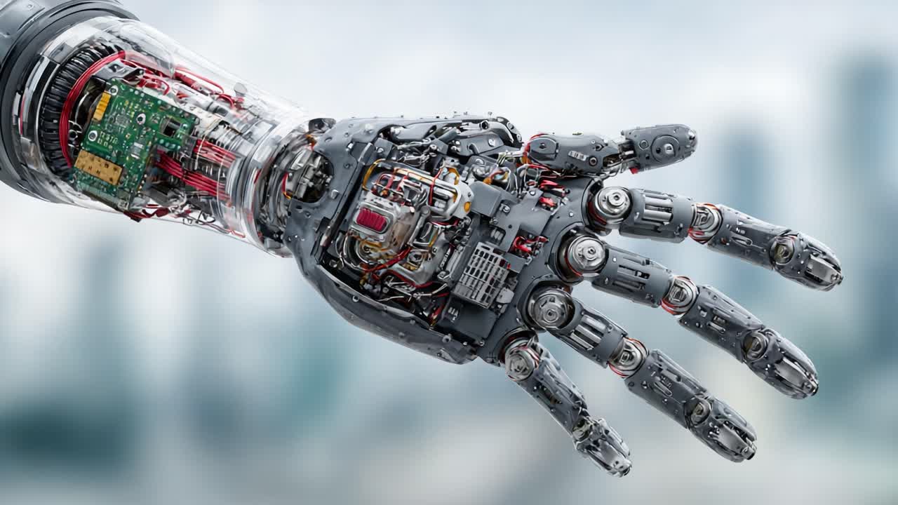Intricate Robotic Hand Showcasing Advanced Technology and Engineering in a Futuristic Setting with Transparent Design Elements and Intricate Mechanical Components