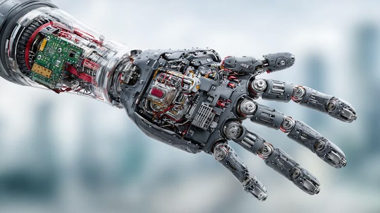 Mano robotica complessa che mostra tecnologia ingegneristica avanzata in un ambiente futuristico con elementi di design trasparenti e complessi componenti meccanici