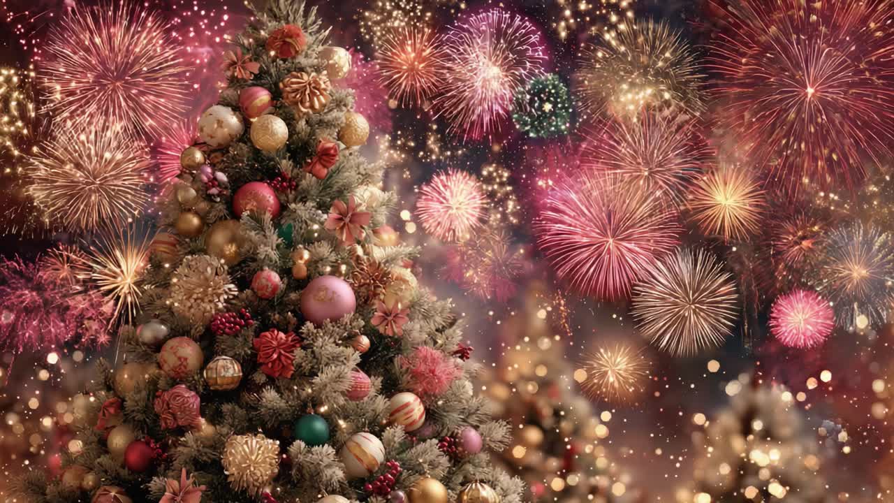 A Stunning Christmas Tree Adorned with Colorful Ornaments Set Against a Vibrant Background of Explosive Fireworks Illuminating the Night Sky
