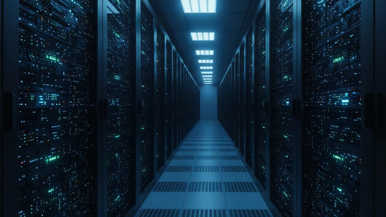 Exploring the Depths of a Modern Data Center: A Journey Through Rows of High-Tech Servers Illuminated by Cool Blue Lights in a Mystical Environment