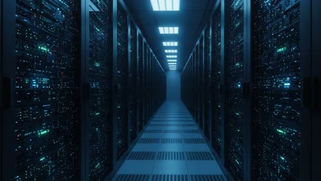 exploring the depths of a modern data center: a journey through rows of high-tech servers illuminated by cool blue lights in a mystical environment