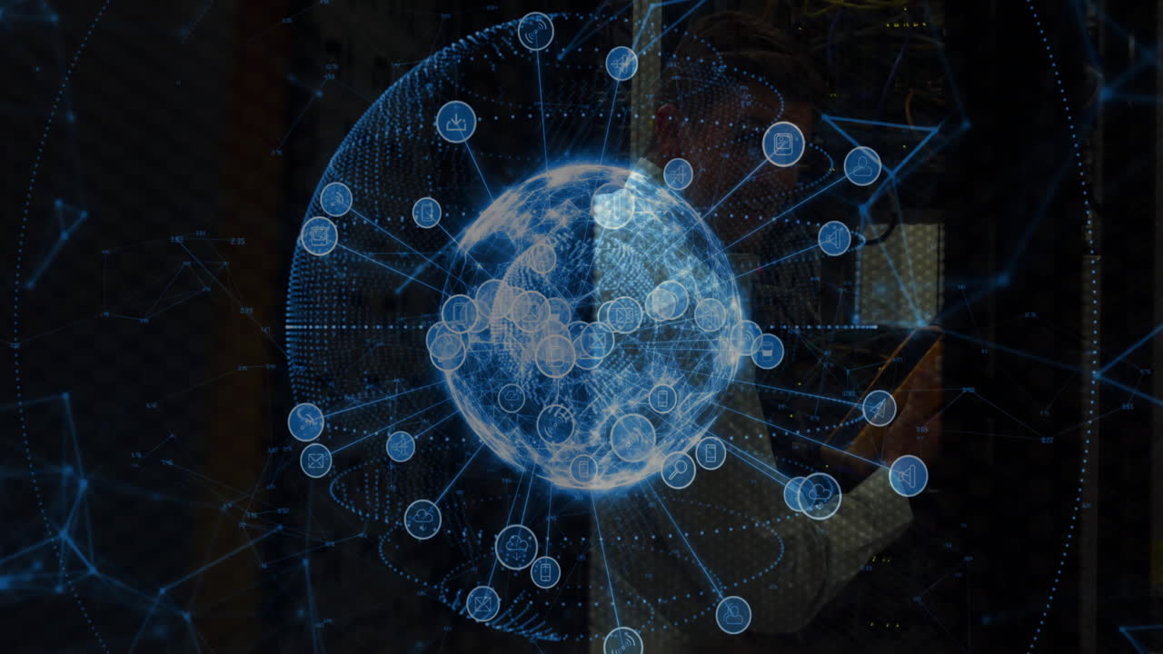 man holding tablet exploring tech lab, projecting holographic globe featuring cloud and IoT icons