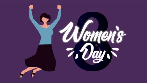 happy womens day lettering animation with girl jumping