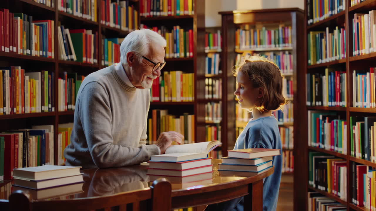 Grandparent and Grandchild Reading in a Library