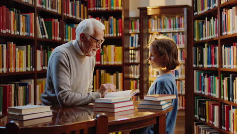 grandparent and grandchild reading in a library