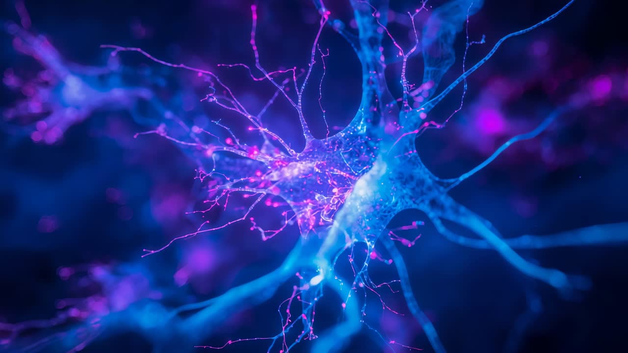 Camera panning across neuron soma with dendrites in neural web showing synaptic transmission