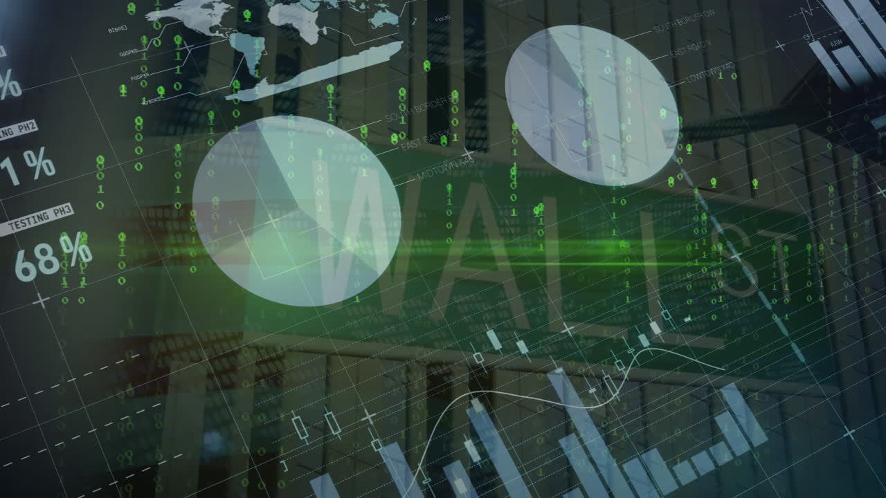 Financial data and stock market graphs with digital animation overlay