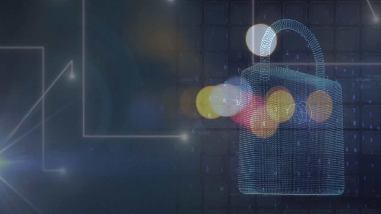 animación de semáforos borrosos sobre un candado digital y un espacio oscuro