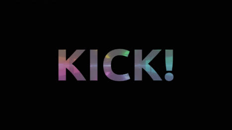 animation of kick in white text with pink crosses and green lines over colourful rectangles