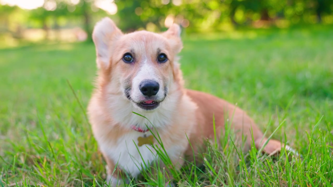 Anak Anjing Corgi Lucu Menjilat Hidungnya di Rumput Hijau