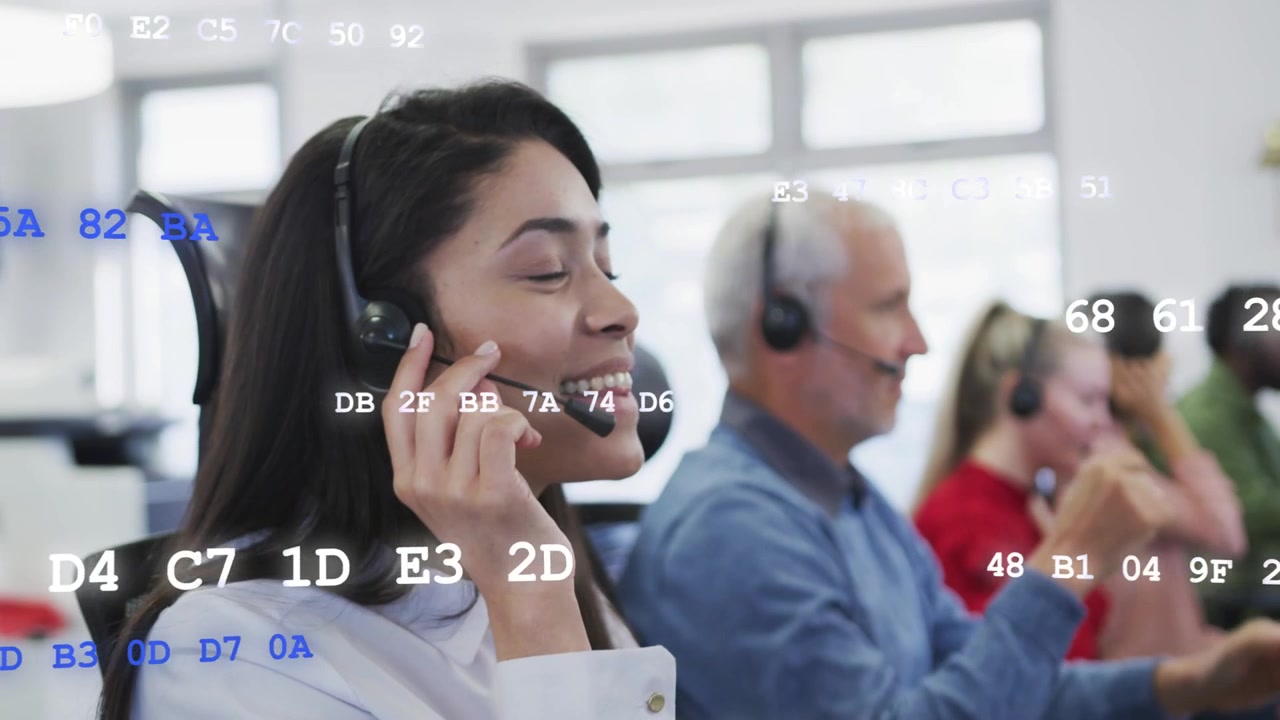 Female support agent answering call, tuning headset, speaking as data overlays show account to help