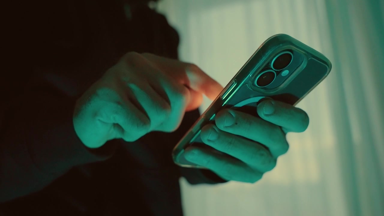 Mysterious male hands holding smartphone and scrolling through social media feed in dark room illuminated by the device's screen. Hacker sending and texting or malware spy app and virus