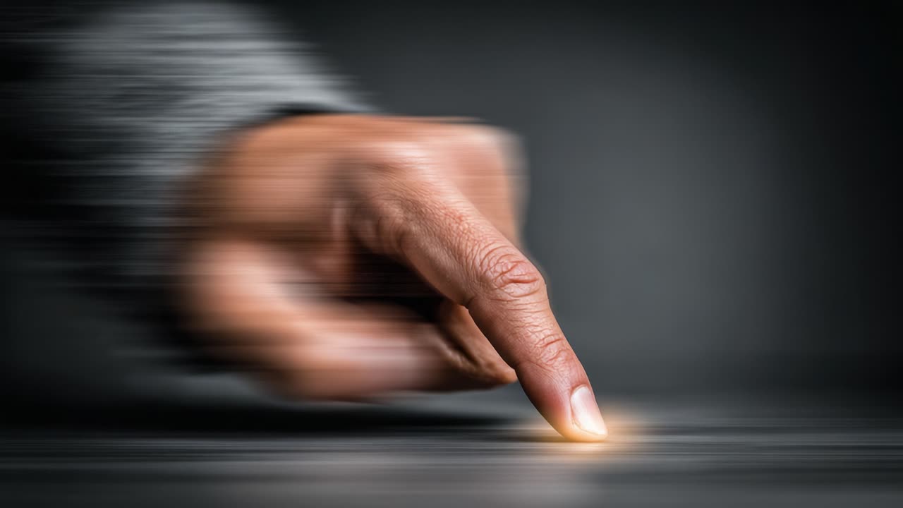 A Dynamic Moment Captured: A Focused Hand Reaches Out with Determination, Touching the Surface with a Sense of Purpose and Energy Radiating from the Finger