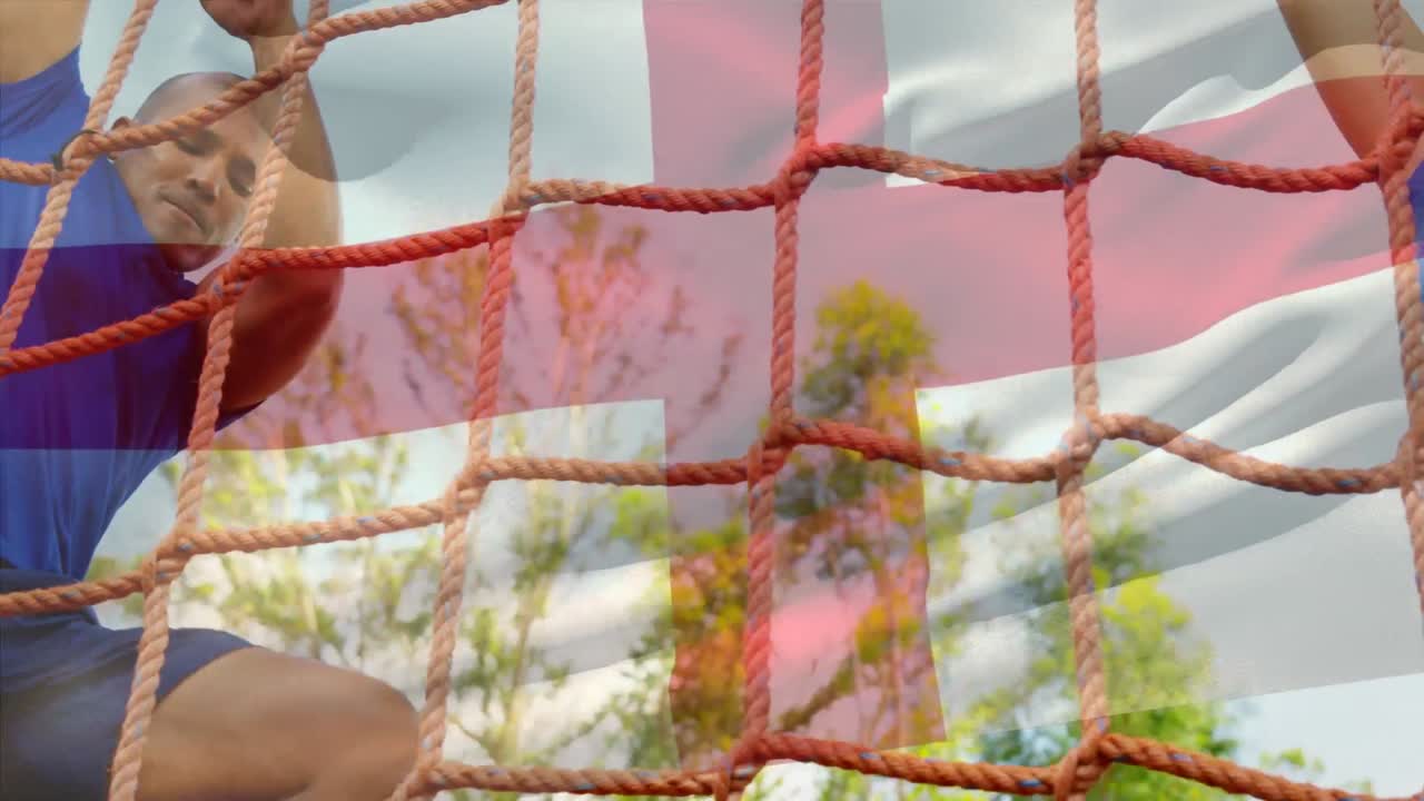 animación de la bandera de inglaterra sobre diversas mujeres y hombres durante el entrenamiento de carrera de obstáculos