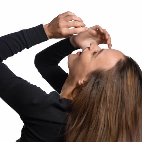woman with hairstyle trembling from laugh