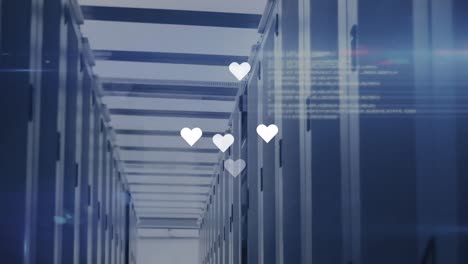심장 아이콘의 애니메이션을 떠다니며 컴퓨터 서버 방에 대한 데이터 처리