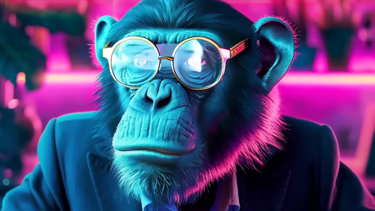 책과 함께 테이블에 앉아 있는 안경을 입은 침팬지