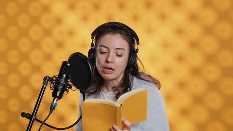 narrador con auriculares leyendo en voz alta del libro en el micrófono, fondo de estudio