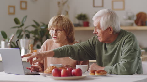 senior couple discussing news on laptop at breakfast