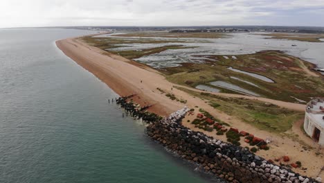 Aerial-forward-shot-from-Hurst-Castle-looking-towards-Hurst-Spit-and-Milford-on-Sea-Hampshire-England