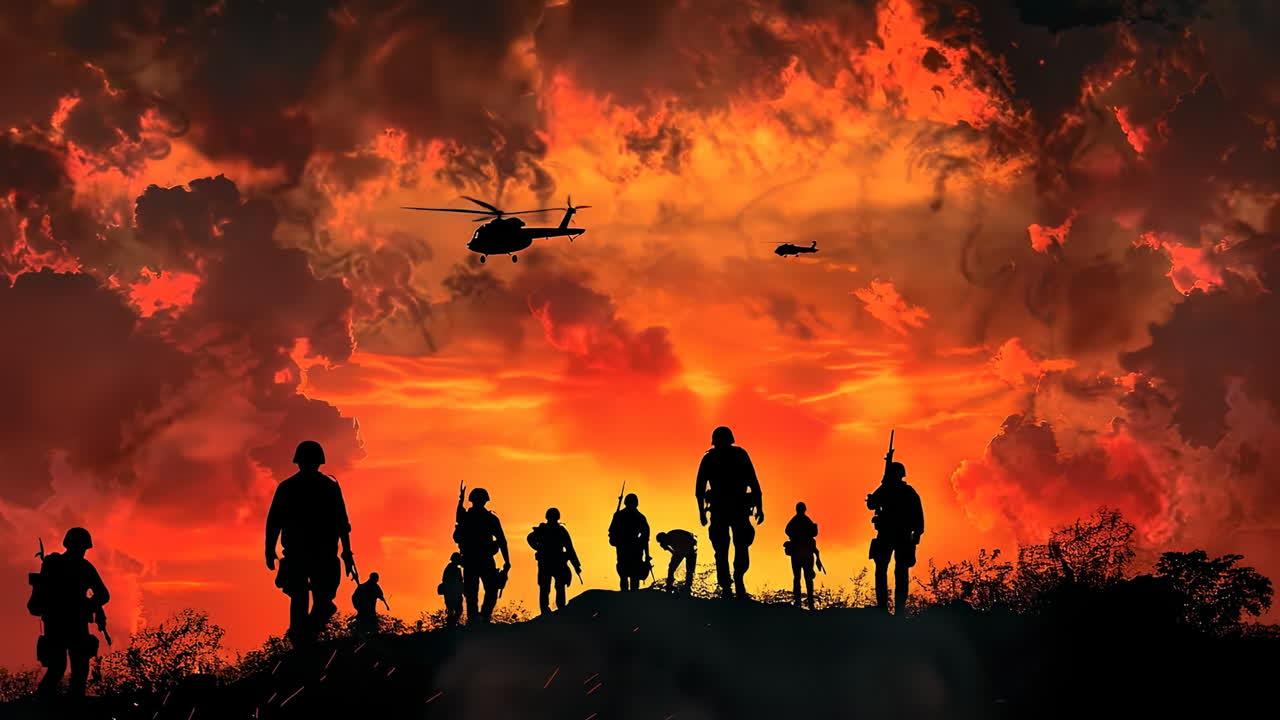 Soldiers silhouetted at sunset. Soldiers stand in silhouette against a vibrant sunset sky, with helicopters flying above during an intense moment