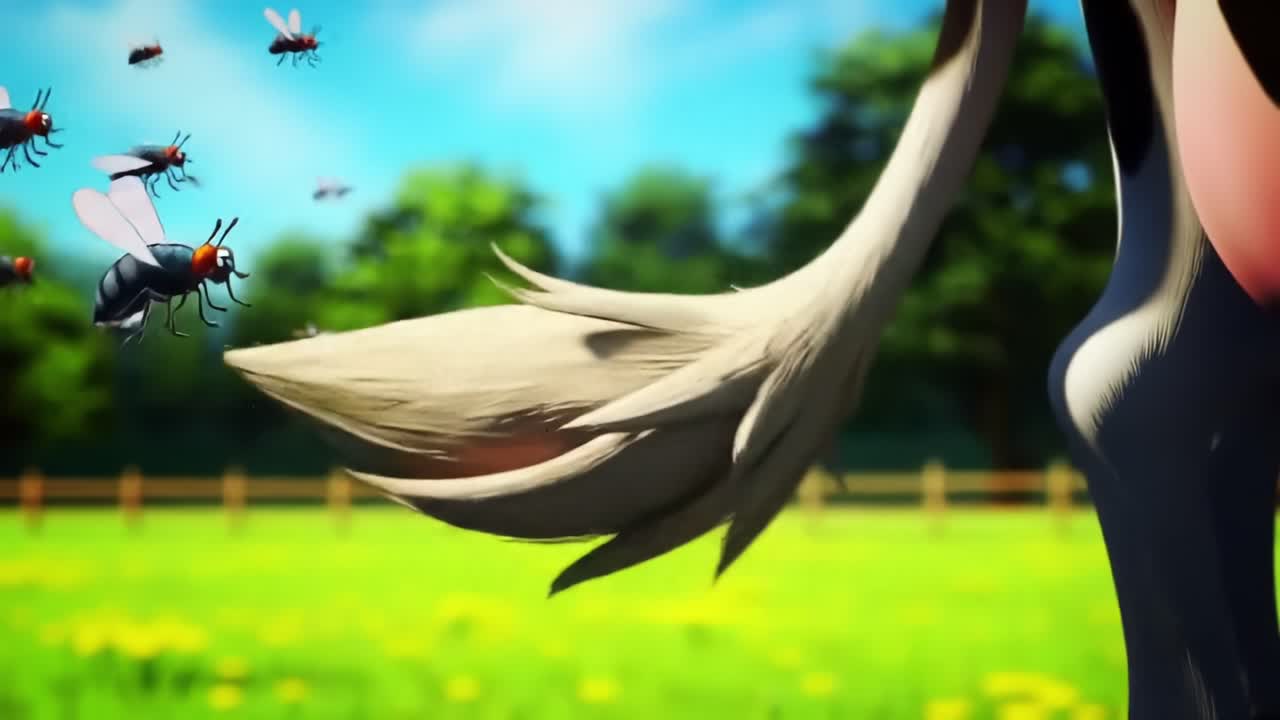 A Playful Interaction Between a Cow's Tail and a Swarm of Busy Flies in a Bright, Sunny Meadow, Capturing the Essence of Farm Life and Nature's Harmony