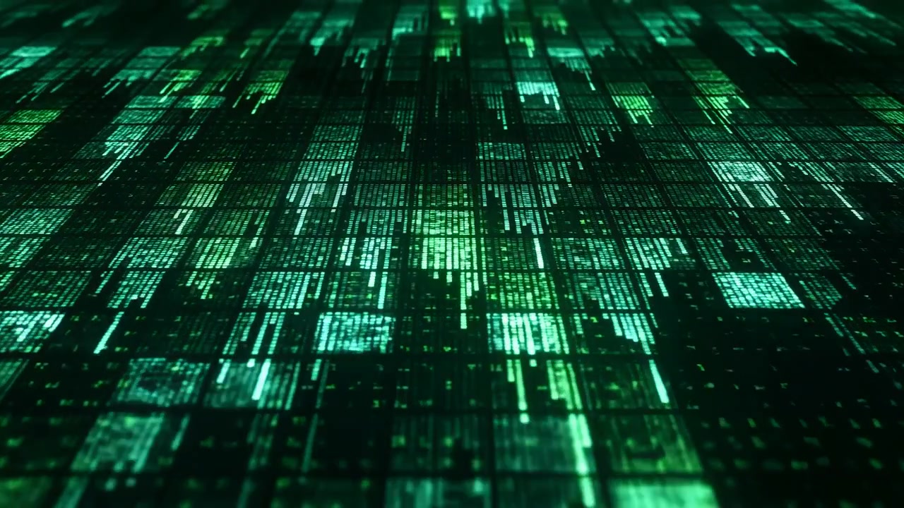 Futuristic Green Data Grid Perspective Showing Glowing Tiles And Streaming Code Rushing Toward Viewer,