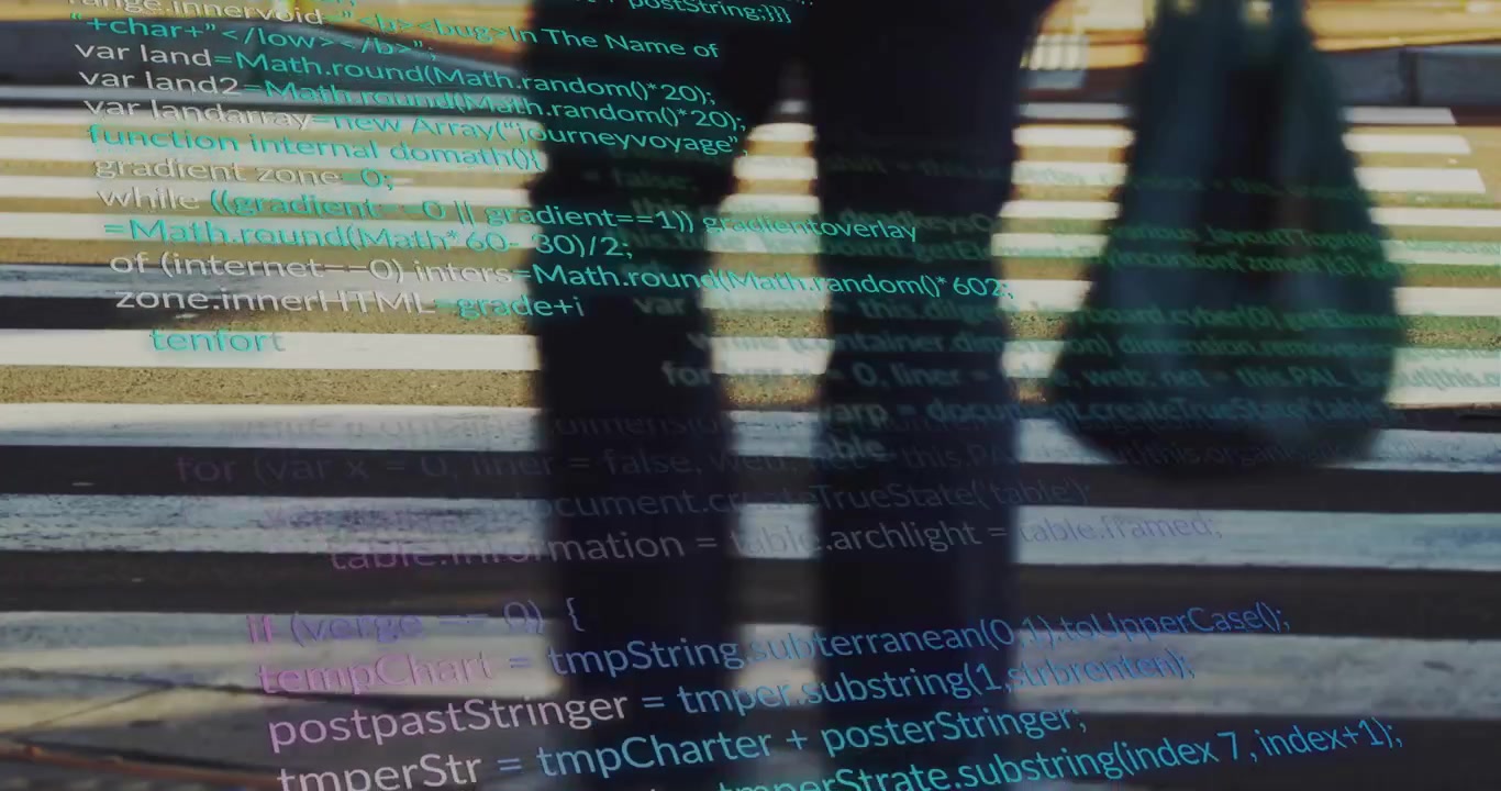 Futuristic Code Overlay on Urban Crosswalk with People and Cars