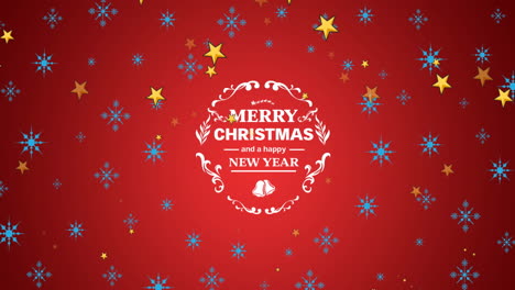 animation of merry christmas and a happy new year text with stars and snowflakes over red background