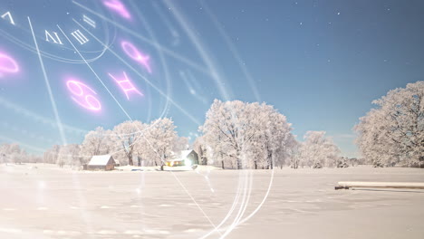 lapso de tiempo de invierno estrellado con un gráfico giratorio de la rueda de la astrología