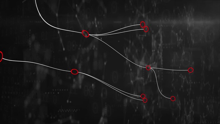 Animation of network of connections with red circle moving on black background
