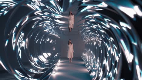 woman in a futuristic illuminated tunnel with reflection