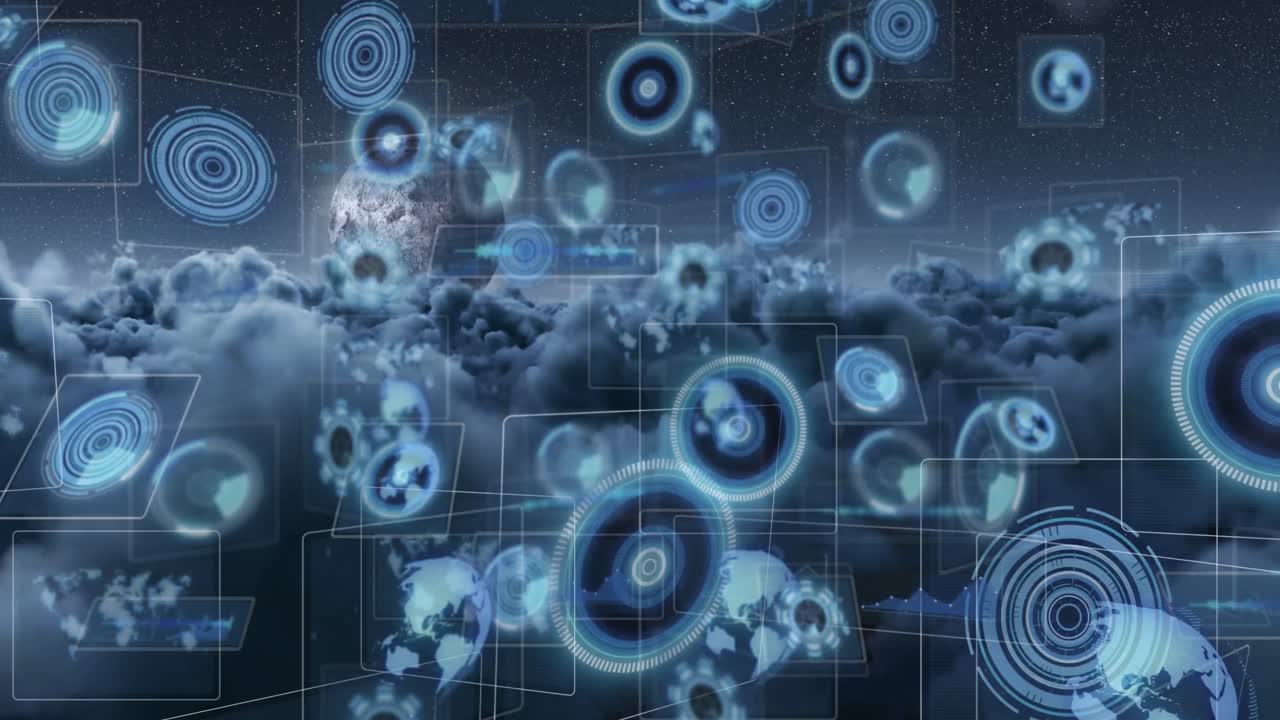 animación del procesamiento de datos sobre el cielo con nubes y luna