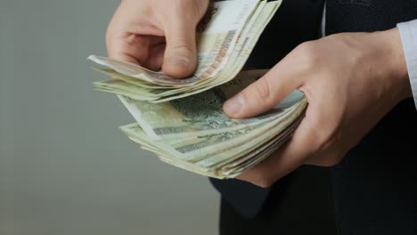 las manos de los hombres cuentan rápidamente los billetes. el hombre de negocios cuenta los billetes de zloty polaco en las manos.
