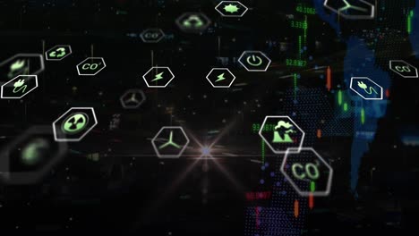 animation of network of icons and data processing over black background