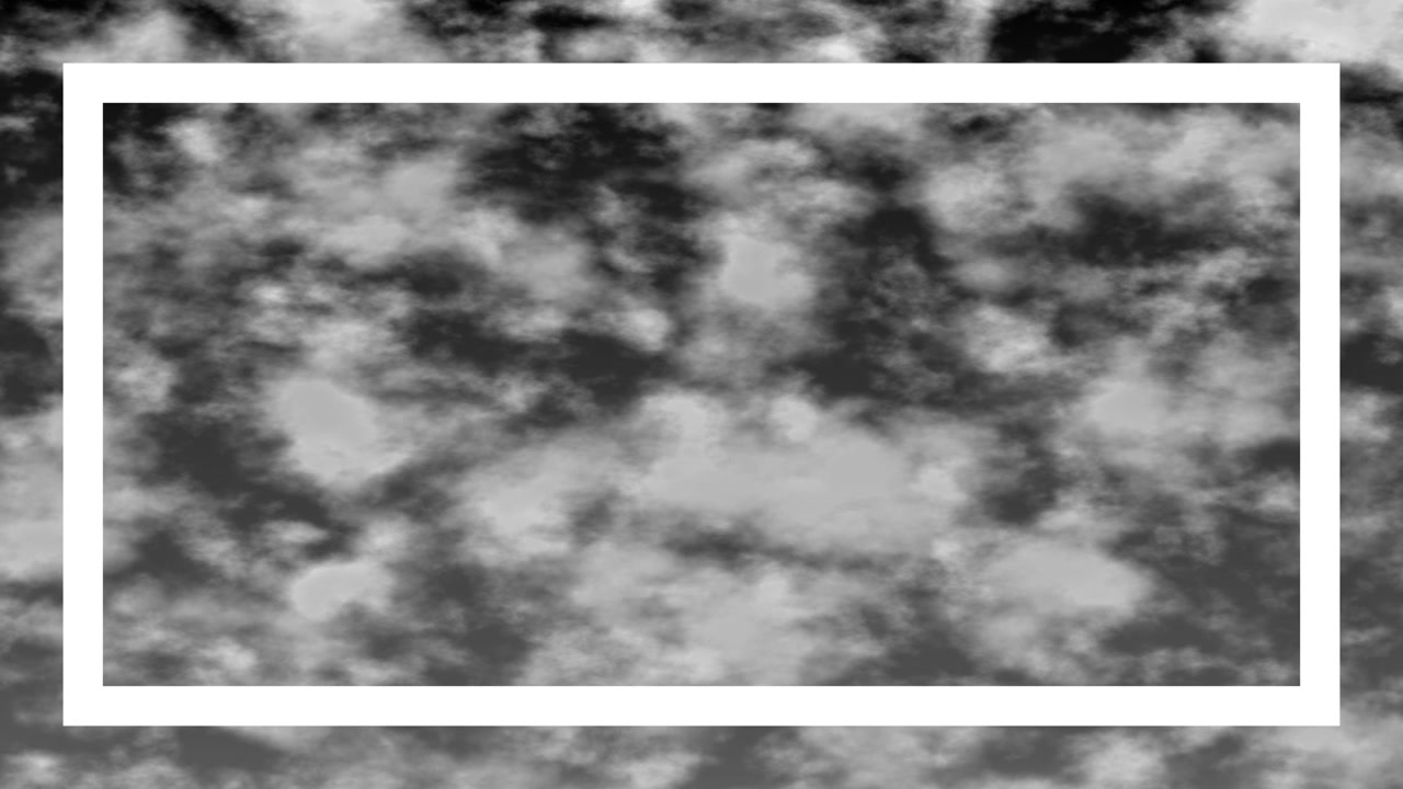 Nuvole astratte in bianco e nero fluttuano lentamente dietro una cornice rettangolare bianca statica.