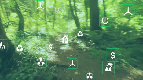 animación de iconos ambientales sobre el sendero forestal, destacando la sostenibilidad y la energía renovable