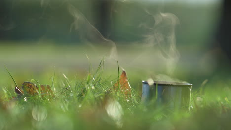 hot steam rising thermos cup close up. warm beverage placed fresh green grass.