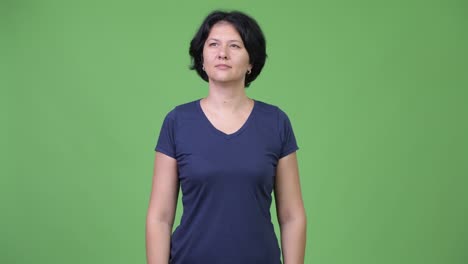 beautiful woman with short hair thinking