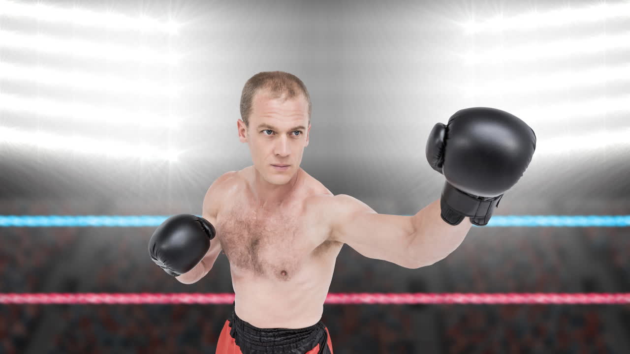 스포트라이트 위에서 권투 링에 있는 백인 남성 권투 선수의 애니메이션