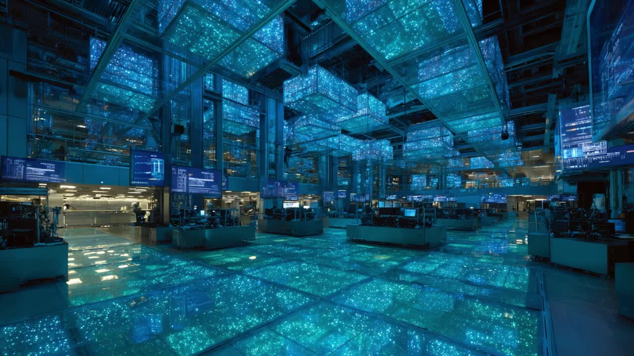Vast, empty command center with multiple workstations and holographic displays processing big data, representing concepts of artificial intelligence, global networks, and future technology