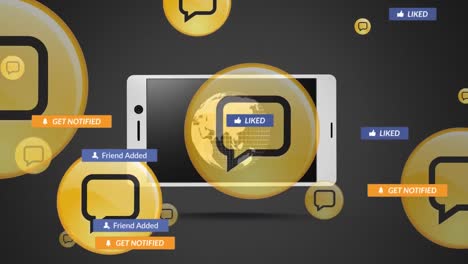 animación de textos de redes sociales con íconos y teléfono inteligente con globo sobre fondo negro