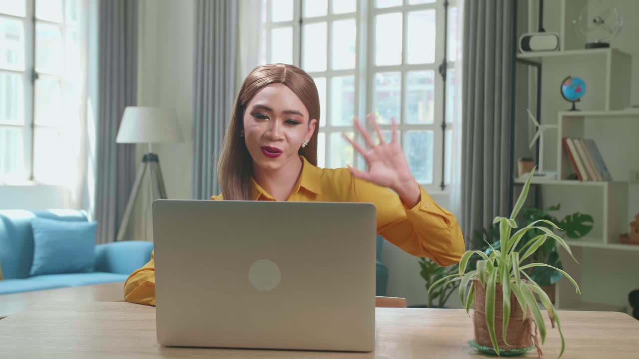 Asian Young Transgender Woman Learning Online Or Freelancer Having Video Conference Call At Home
